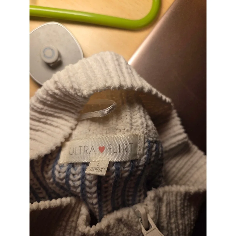 Ultra‎ Flirt Womens Blue Cream Striped Quarter Zip Ribbed Knit Sweater Large
